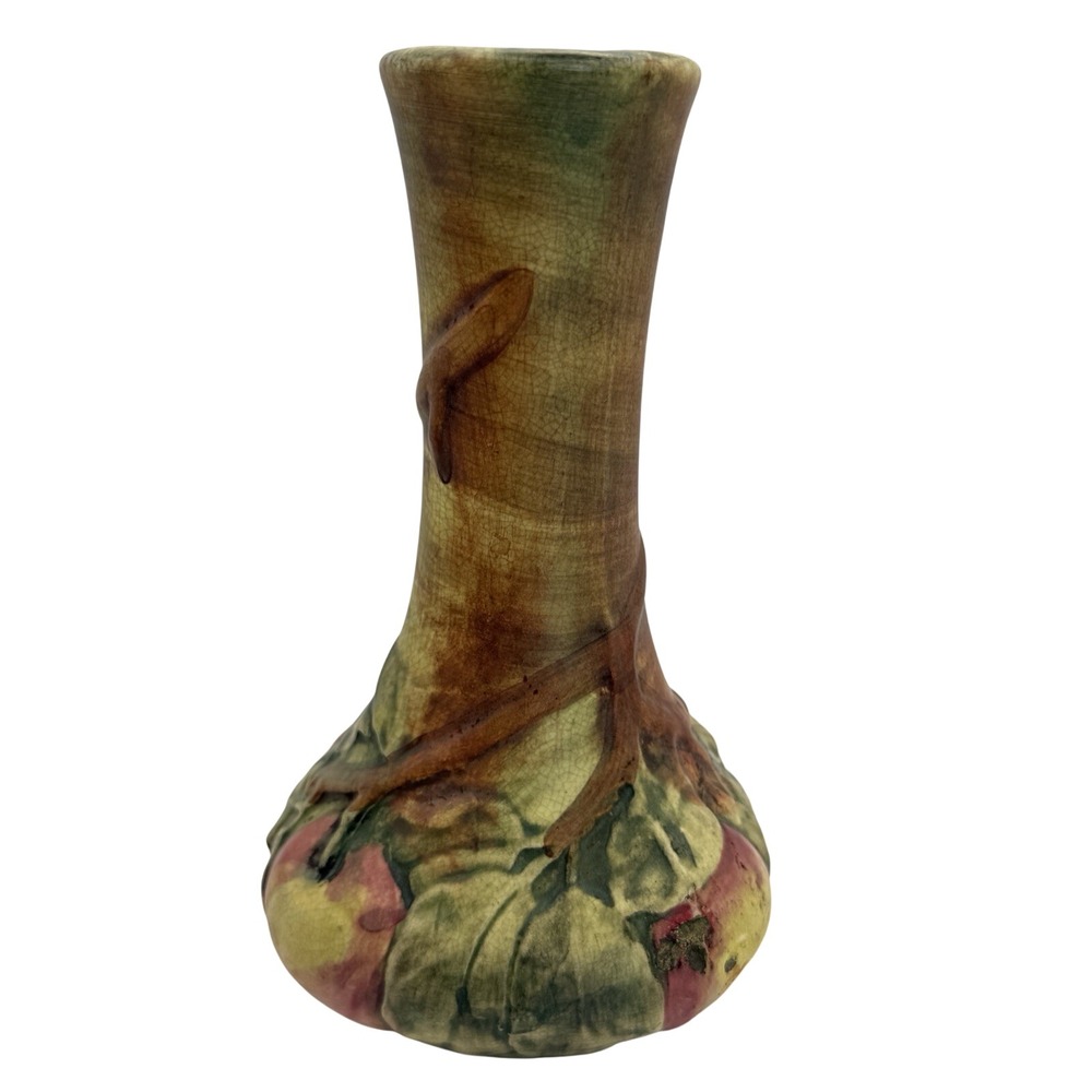 Antique WELLER "BALDIN" ROSE BUD VASE 7.5"Bulbous APPLE TREE MOTIF VTG